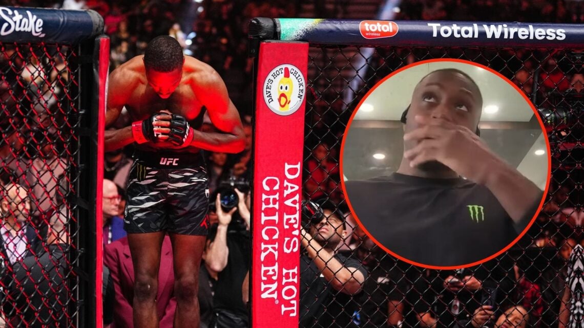 Jalin Turner enters the Octagon in a lightweight fight during the UFC 313 event at T-Mobile Arena. Inset, Jalin Turner looking emotional.