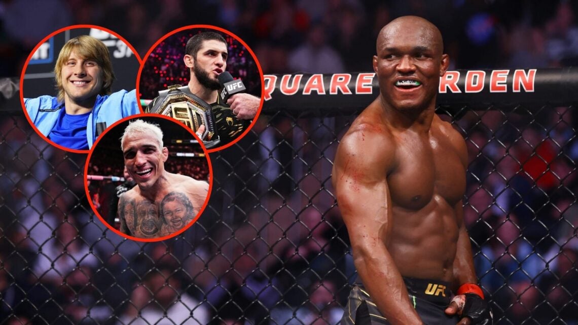 Image of UFC fighter Kamaru Usman, insert Paddy Pimblett (left), Islam Makhachev (right), and Charles Oliveira (lower).