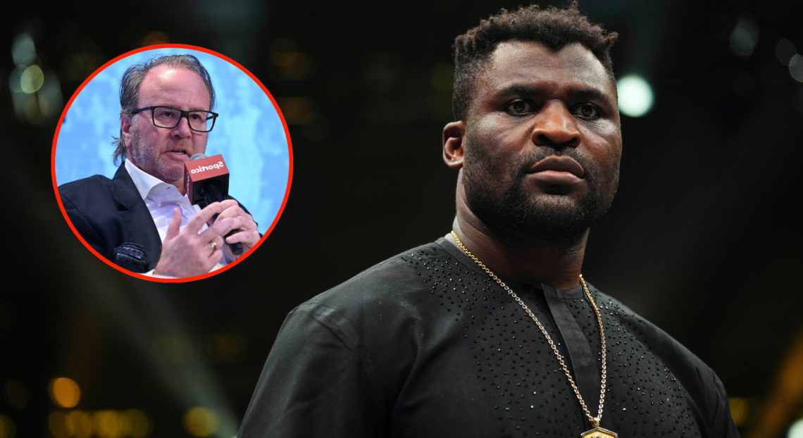 Francis Ngannou attends a PFL event, inset Donn Davis speaking at a seminar.