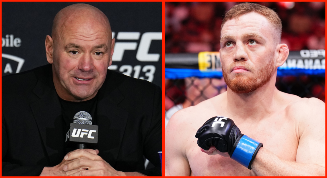 Split image of Dana White at the UFC 313 post-fight press conference, opposite Jack Della Maddalena as he prepares to fight at UFC 299.