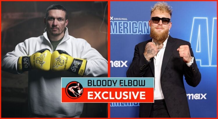 Split image of Oleksandr Usyk and Jake Paul with a Bloody Elbow Exclusive banner