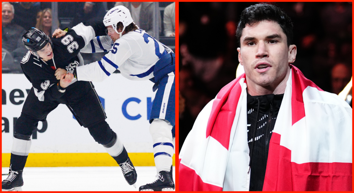 Split image of Jeff Malott and Brandon Carlo fighting during an NHL game, opposite Mike Malott walking out at UFC Edmonton.