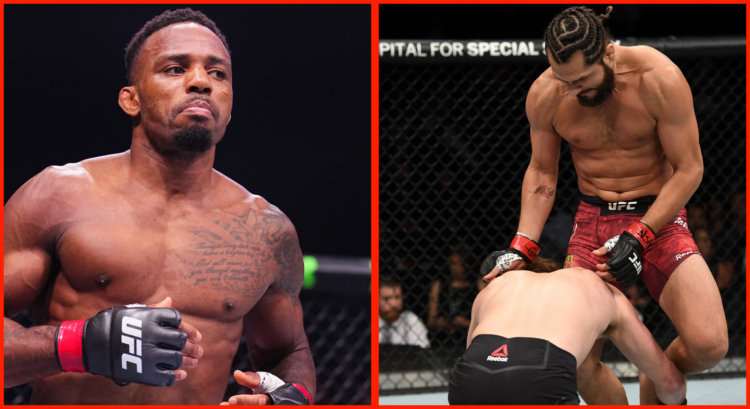 Split image of Lerone Murphy entering the cage at UFC 308, opposite Jorge Masvidal kneeing Ben Askren at UFC 239.