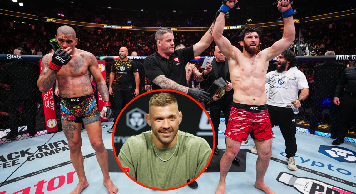 Image of Magomed Ankalaev getting his hand raised against Alex Pereira at UFC 313, inset Dricus du Plessis at UFC 312 press conference.
