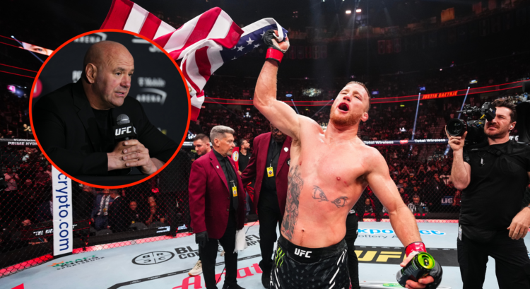 Justin Gaethje reacts to his win in a lightweight fight during the UFC 313 event at T-Mobile Arena with an inset of Dana White after the UFC 313 ev...