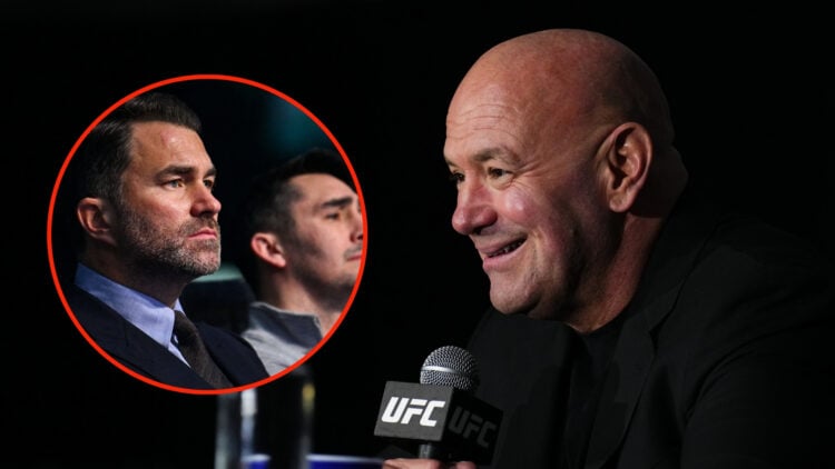 CEO Dana White holds a press conference after the UFC 313 event at T-Mobile Arena on March 08, 2025 in Las Vegas, Nevada with an inset of Chairman ...