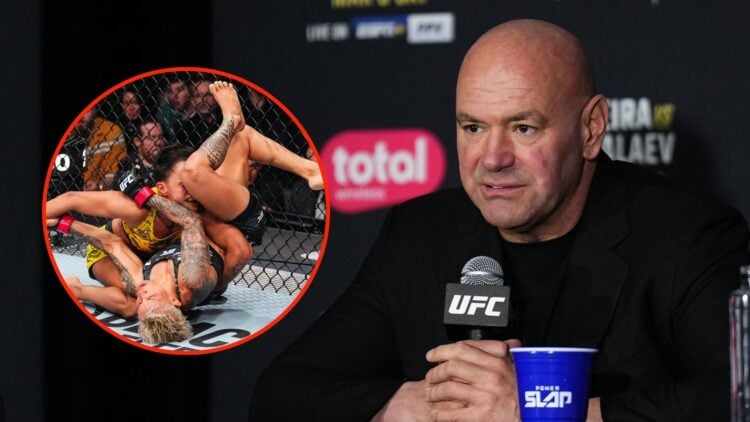 UFC CEO Dana White holds a press conference after the UFC 313 event. Inset, Iasmin Lucindo of Brazil wrestles Amanda Lemos of Brazil in a strawweig...