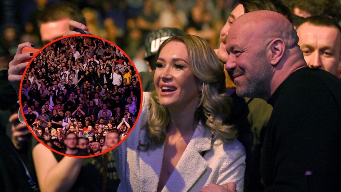 UFC President, Dana White poses for a selfie during UFC Fight Night: Volkov v Aspinall at the The O2 Arena. Inset, crowd celebrate after Paddy Pimb...
