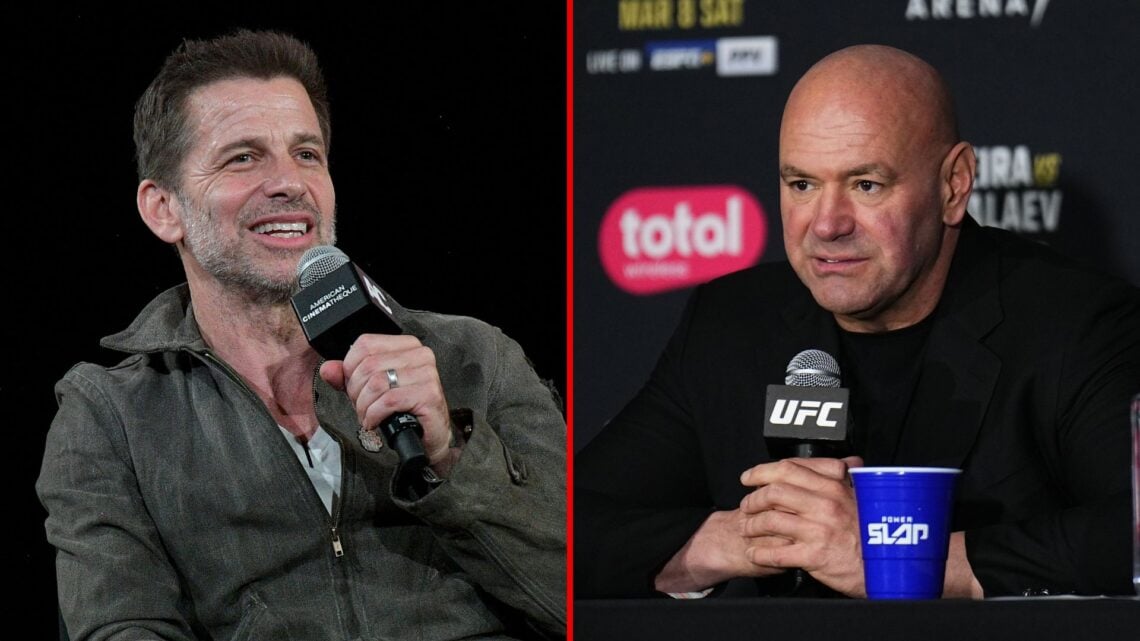 Split image as UFC CEO Dana White holds a press conference after the UFC 313 event, and Zack Snyder speaks onstage during the Q&A for Zack Snyder's...