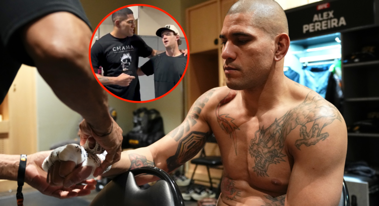 Alex Pereira getting his hands wrapped, with a bubble showing him meeting with Mark Zuckerberg