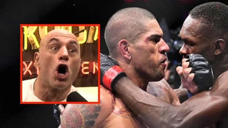 Alex Pereira punching Israel Adesanya, inset. Joe Rogan astonished face