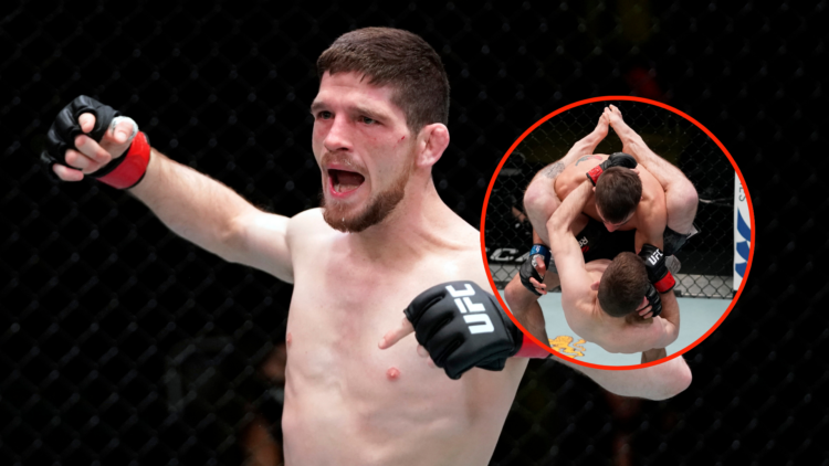 Inset of Jimmy Flick celebrating win in UFC debut