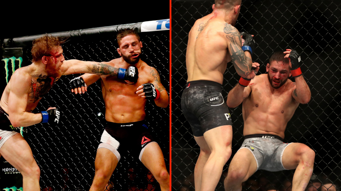 Split image of Conor McGregor and Alexander Volkanovski fighting Chad Mendes