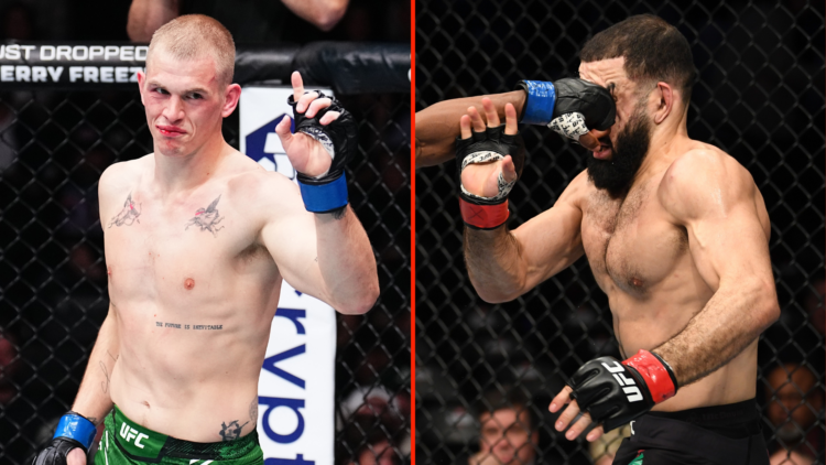 Inset of Ian Machadon Garry and Belal Muhammad getting punched