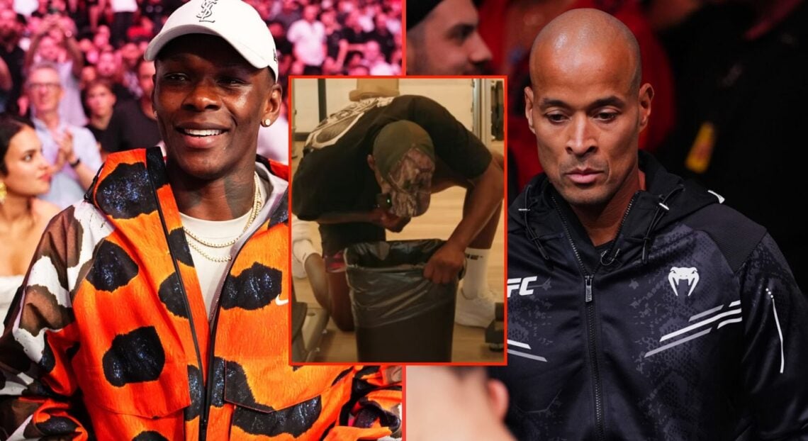 Split image of Israel Adesanya in the crowd at UFC 312 and David Goggins on corner duty at UFC 296, with an inset of Adesanya throwing up