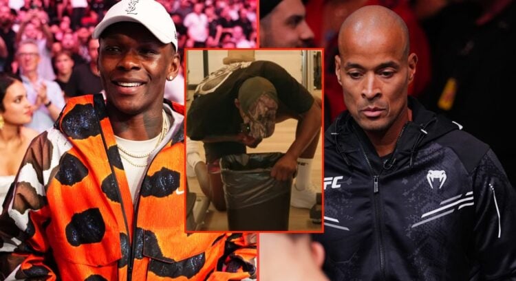 Split image of Israel Adesanya in the crowd at UFC 312 and David Goggins on corner duty at UFC 296, with an inset of Adesanya throwing up