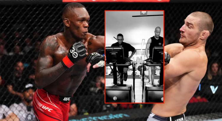 Israel Adesanya punches Sean Strickland (main image), Israel Adesanya trains with David Goggins in black and white (block image)