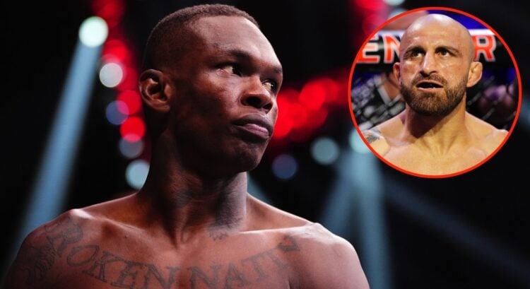 Image of Israel Adesanya. Inset, Alexander Volkanovski