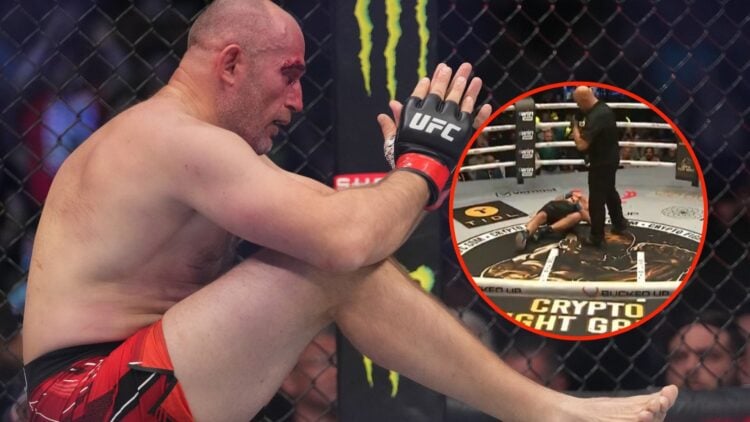 Image of Aleksei Oleinik with an inset of himself being knocked out during his fight against Geronimo Dos Santos