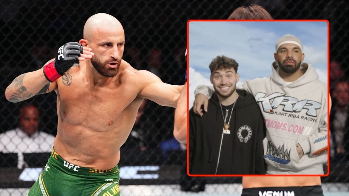 Alexander Volkanovski of Australia punches Diego Lopes of Brazil in the UFC featherweight championship bout. Inset, Adin Ross and Drake.