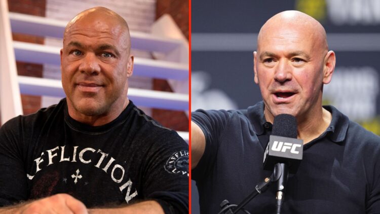 US wrestler and actor Kurt Angle poses on November 4, 2017, as he attends the 2017 Paris Games Week, and UFC CEO Dana White is seen on stage during...