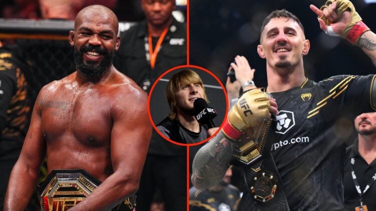 Split image of Tom Aspinall and Jon Jones with an inset of Paddy Pimblett.