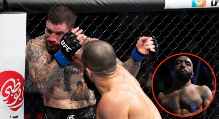 Belal Muhammad punches Sean Brady at UFC 280 with an inset of Belal Muhammad at UFC 304
