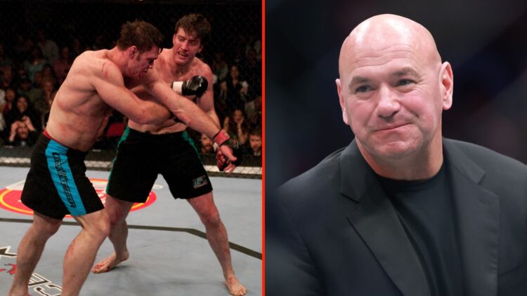 Stephan Bonnar punches Forrest Griffin during the Light Heavyweight Final bout during the live Ultimate Fighter Season Finale. Inset, Dana White.