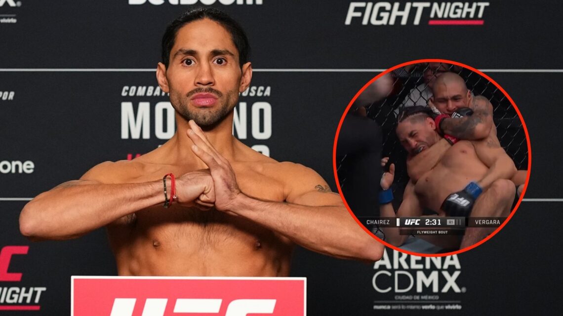 Image of CJ Vergara with an inset of Edgar Chairez having CJ Vergara in a headlock
