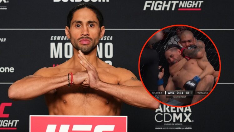 Image of CJ Vergara with an inset of Edgar Chairez having CJ Vergara in a headlock