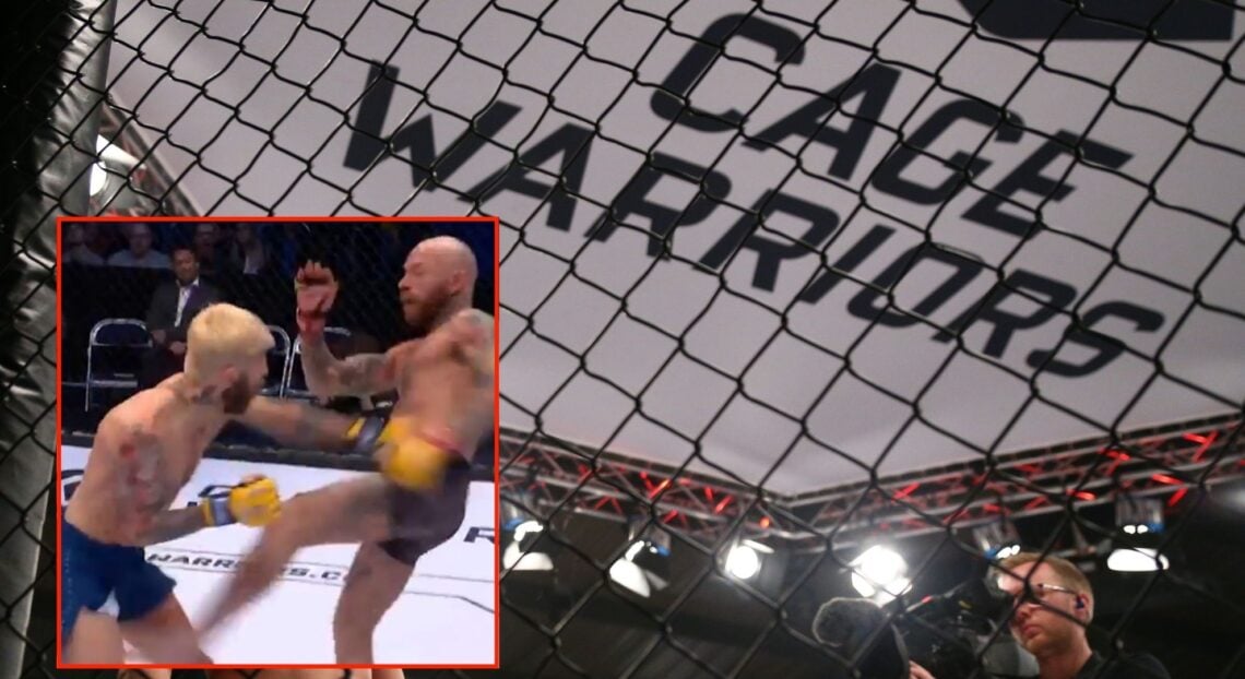 Image of Cage Warriors 136 - Manchester with an inset of Gary Priestly landing a low blow on Redgie Hingston at CW 187