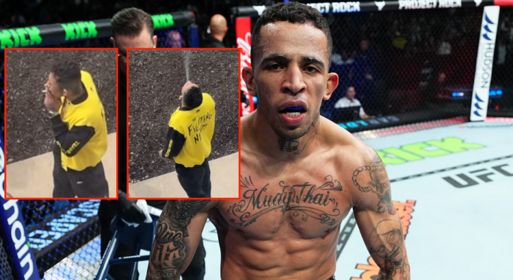 Main photo shows Carlos Prates after winning at UFC 305. Block photos show him smoking before a fight