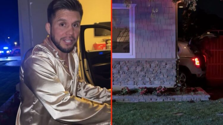Split image of Henry Cejudo and a car crashing into the side of the house across the street from Cejudo
