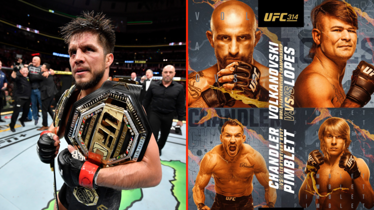 Split image of Henry Cejudo and UFC 314 poster