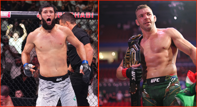 Composite image showing Khamzat Chimaev (left) and Dricus Du Plessis with his UFC belt (right)