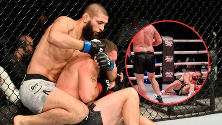 Image of Khamzat Chimaev punching John Phillips with an inset of John Phillips Fabio Maldonado at the BKFC 72 in Dubai Duty Free Tennis Stadium.