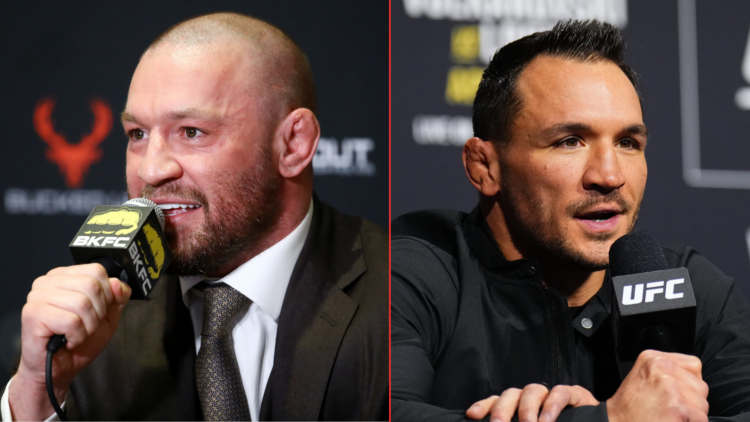 Split image of Conor McGregor at a BKFC press conference and Michael Chandler at a UFC press conference