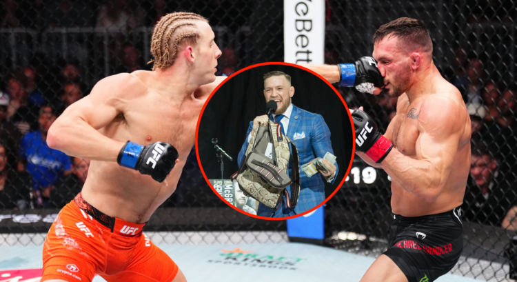 Paddy Pimblett punches Michael Chandler. with bubble showing Conor McGregor with a wad of cash