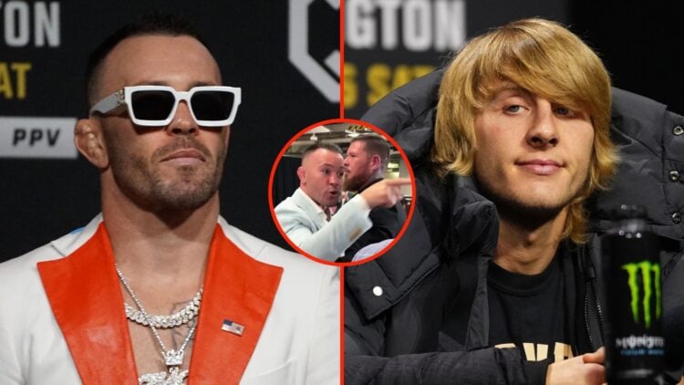 Colby Covington attends the UFC 296 pre-fight media day, and Paddy Pimblett of England is seen on stage during the UFC 296 press conference. Inset,...