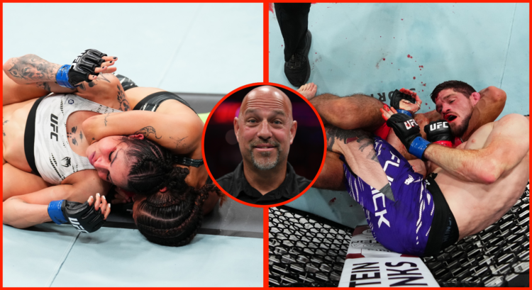Split image of Jaqueline Amorim submitting Polyana Viana at UFC Kansas City and Matt Schnell attempting to submit Jimmy Flick with an inset of Dan ...