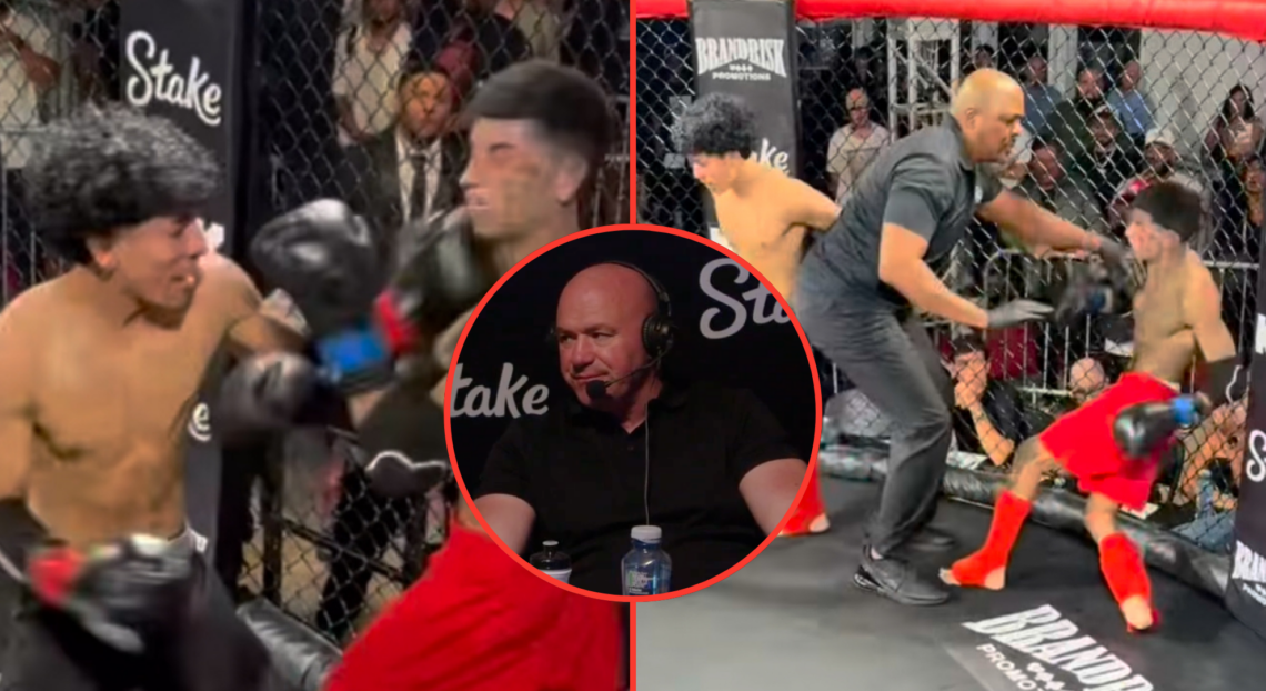 Composite image showing Oblivion knocking out KodiakkRedd of the Island Boys with Dana White watching on
