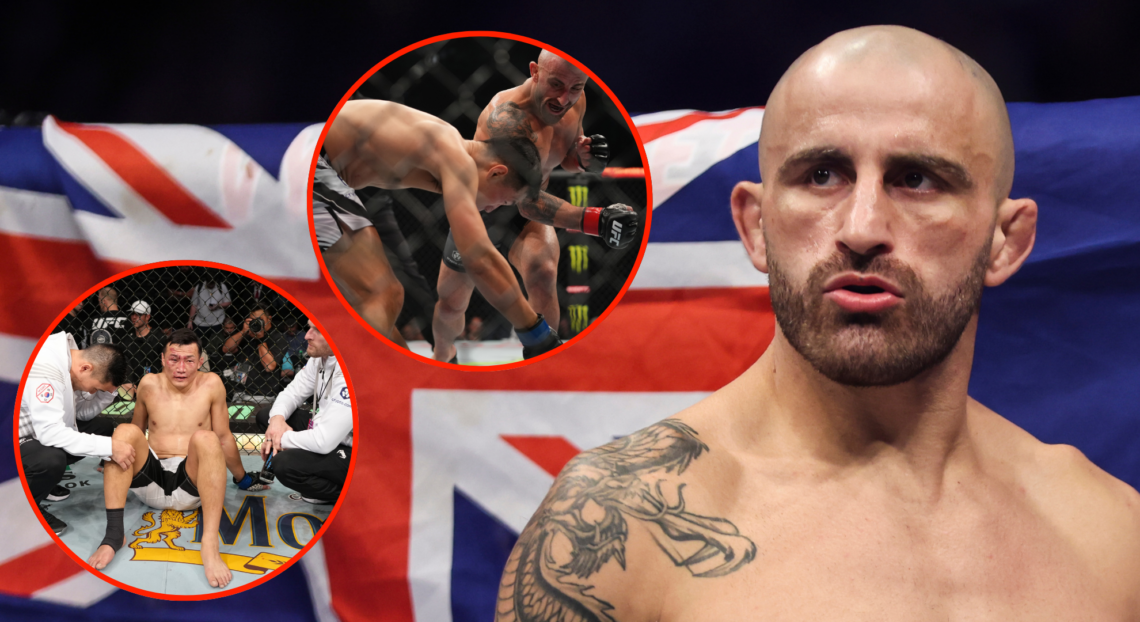 Alexander Volkanovski walks out at UFC 273, inset Volkanovski punching The Korean Zombie and Zombie reacting after the stoppage.