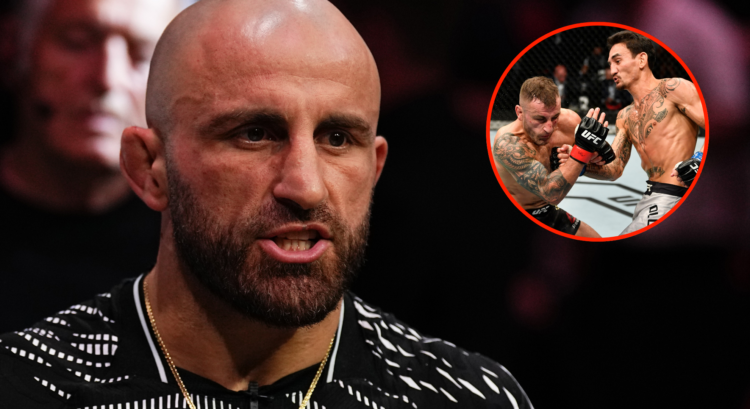Alexander Volkanovski corners a teammate at UFC 312, inset Volkanovski and Max Holloway trading punches at UFC 251.