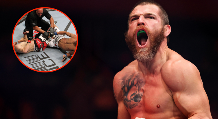 Jim Miller reacts after a win at UFC 309, inset Miller submitting Charles Oliveira.