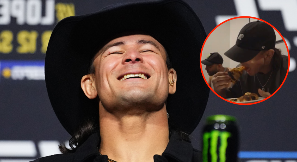 Diego Lopes reacts during a UFC 314 press conference, inset Lopes eating pizza.