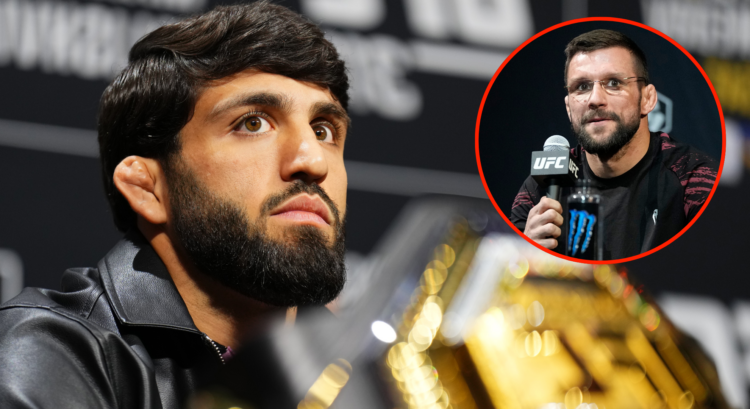 Arman Tsarukyan appears at the UFC 311 pre-fight press conference, inset Mateusz Gamrot at UFC 305 media day.