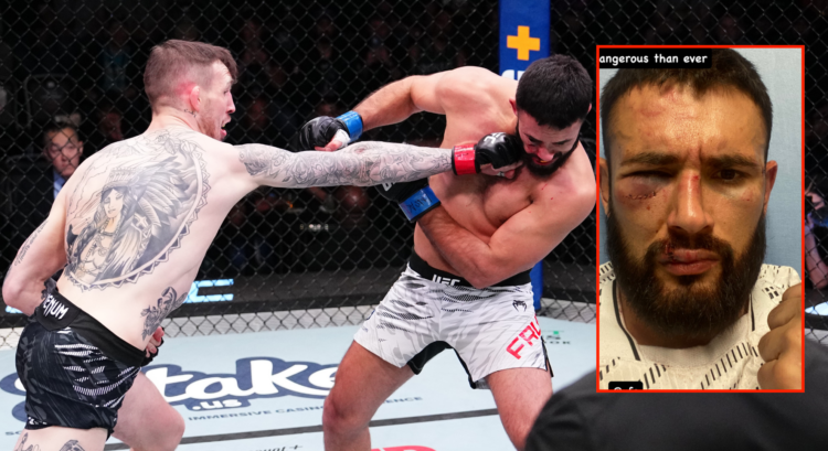 Main photo shows Rhys McKee punching Daniel Frunza. Block photo shows Daniel Frunza in hospital