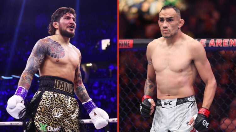 Split image as Dillon Danis reacts during the Misfits Heavyweight fight, and Tony Ferguson of the United States looks on in a lightweight fight