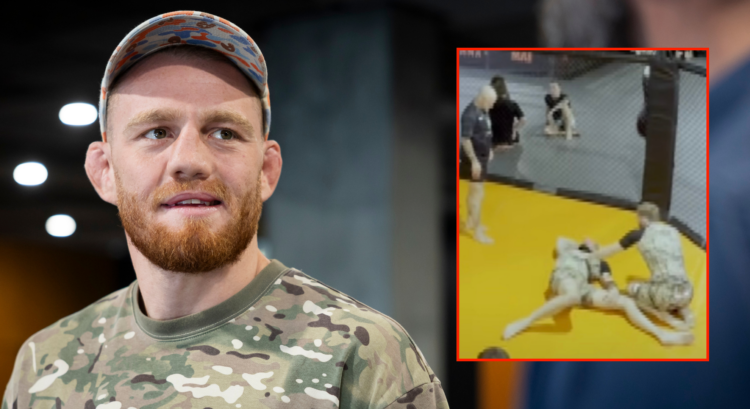 Jack Della Maddalena talking to the media ahead of UFC Perth with an inset of Jack Della Maddalena choking Craig Jones to sleep