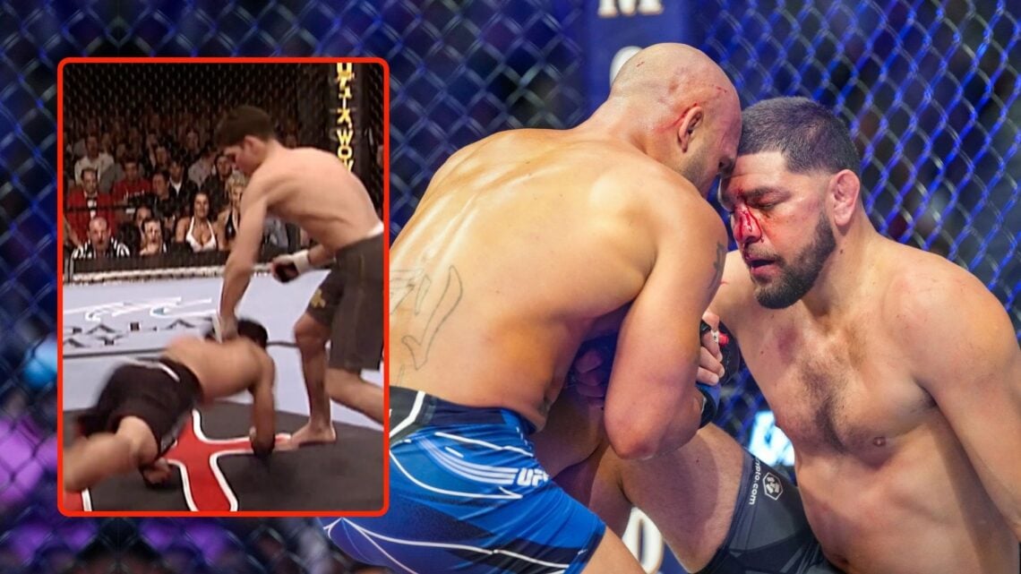 Robbie Lawler talks to Nick Diaz following their middleweight fight during UFC 266. Inset, Nick Diaz vs Robbie Lawler's KO punch.